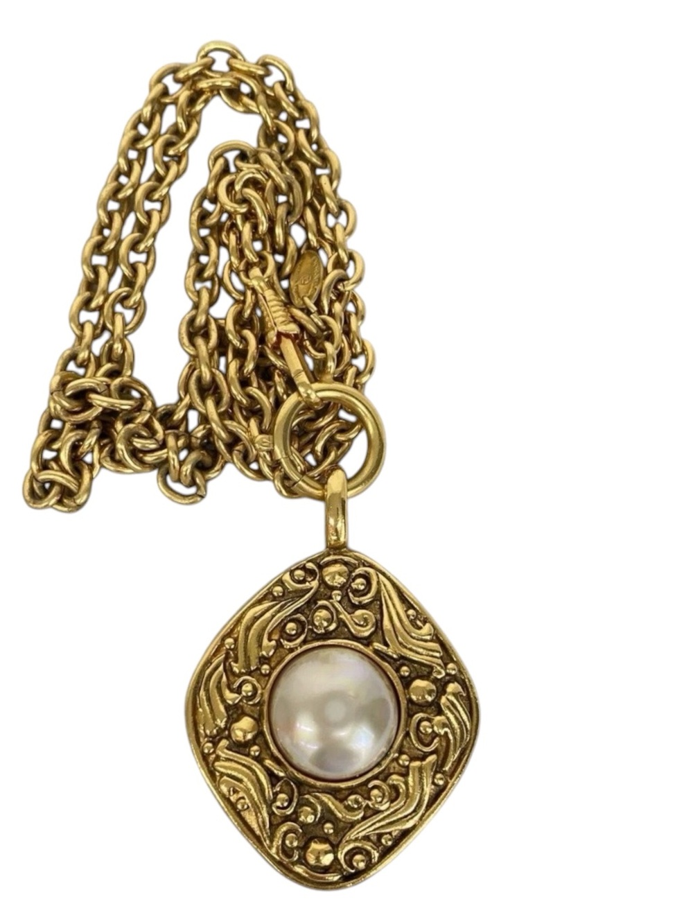 CHANEL Vintage Gold Tone Baroque Faux Pearl Medallion Necklace Made in France